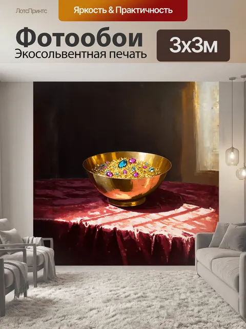 Фотообои золотая чаша, полная блестящего золота и дорогих камней, стоит на столе с бархатной скатертью, окруженная…