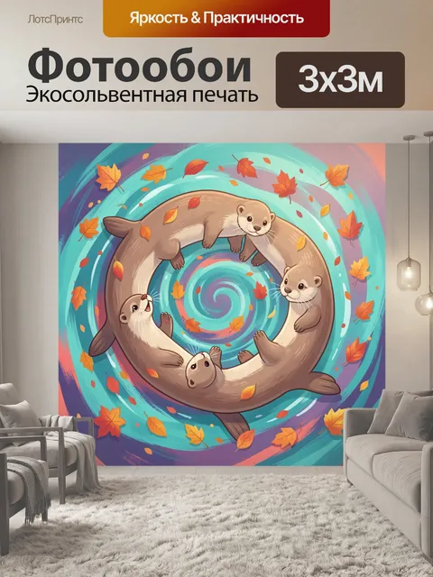 Фотообои Четыре выдры в вихре листьев