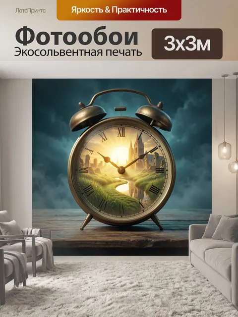 Фотообои Старинный будильник с фантазийным пейзажем