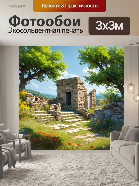 Фотообои развалины херсонеса, окруженные дикой природой и яркими цветами, с зелеными деревьями, которые растут среди…