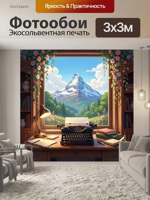 Фотообои Письменный стол у окна с горой