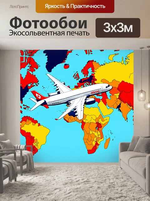 Фотообои самолет в стиле иллюстрация, заходит на посадку на интерактивной карте мира, с детализированными странами