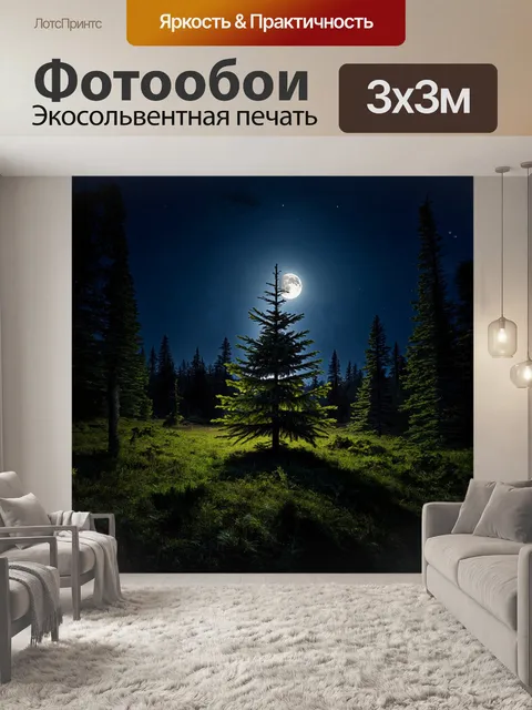 Фотообои ель в лунном лесу, освещенная лунным светом, снятая в технике длинной экспозиции с использованием камеры…