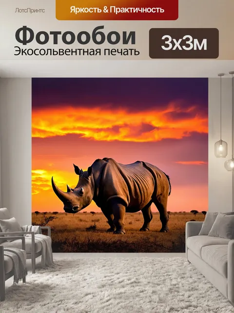 Фотообои носорог в саванне при закате
