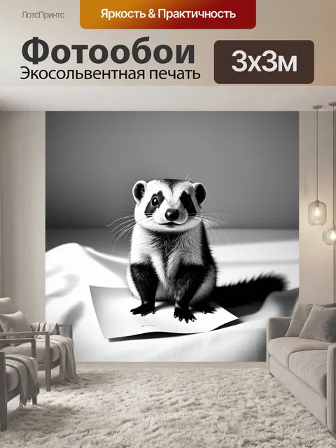 Фотообои хорёк, сидящий на белом листе бумаги, окружённый мягкими тенями, создаёт ощущение спокойствия и уюта
