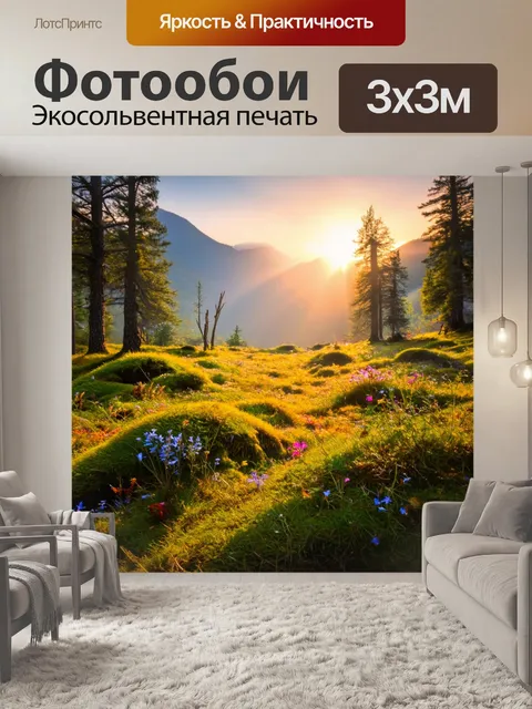 Фотообои рассвет в горах, где солнечные лучи проникают сквозь деревья, создавая игру света и тени на мховом покрытии