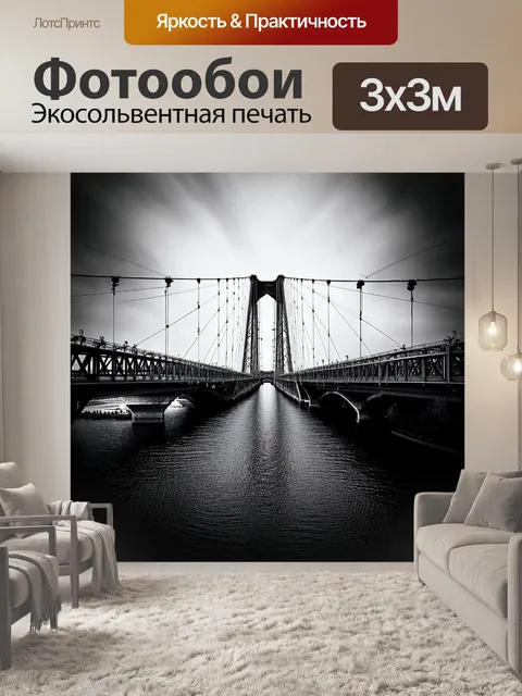 Фотообои черно-белый с детализированным изображением моста, протянувшегося через глубину реки