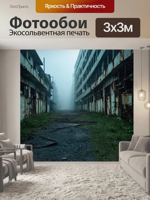 Фотообои туман в стиле гранж, где туманные формы зданий с ржавыми текстурами создают атмосферу заброшенности