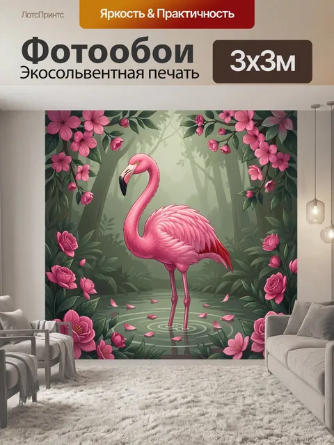 Фотообои Розовый фламинго в цветочной чаще