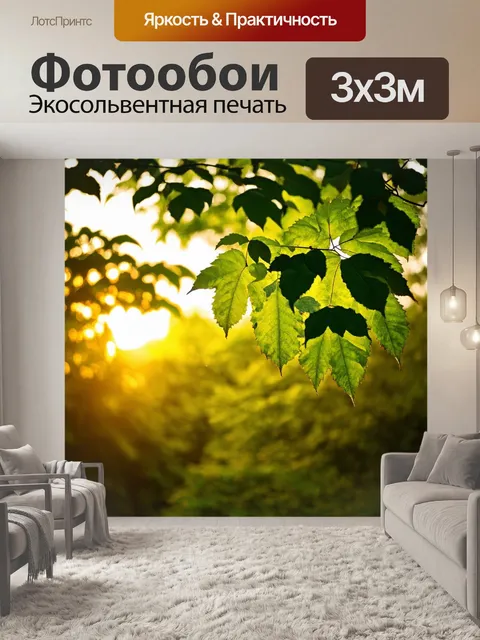 Фотообои зеленые в стиле тонализм, изображающие утреннее освещение, проникающее сквозь листву