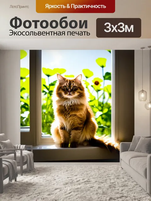 Фотообои кошка, сидящая на подоконнике с солнечными лучами, проникающими через окно, её мягкая шерсть переливается в…