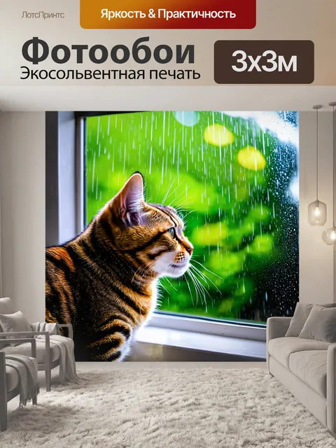 Фотообои кошка, смотрящая на дождь из-за окна