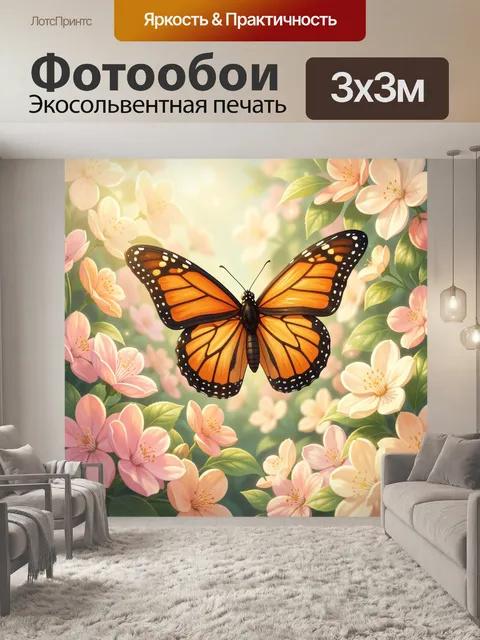 Фотообои Оранжевая бабочка среди цветов