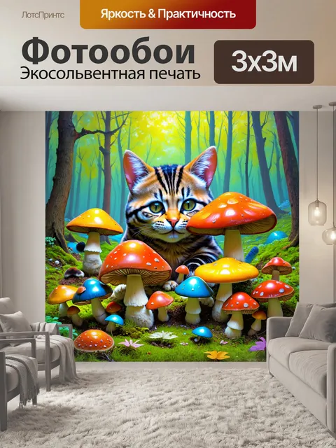 Фотообои изображение чеширского кота, который прячется среди разноцветных грибов в волшебном лесу
