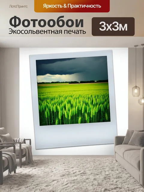 Фотообои зеленые в стиле полароидная фотография, изображающие зелёные поля с колосьями пшеницы на фоне бурного неба