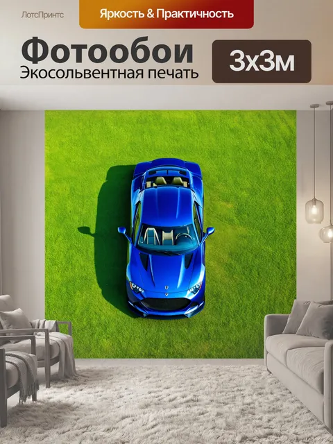 Фотообои спортивная машина на фоне зеленого поля, вид сверху, с ярко-синим небом