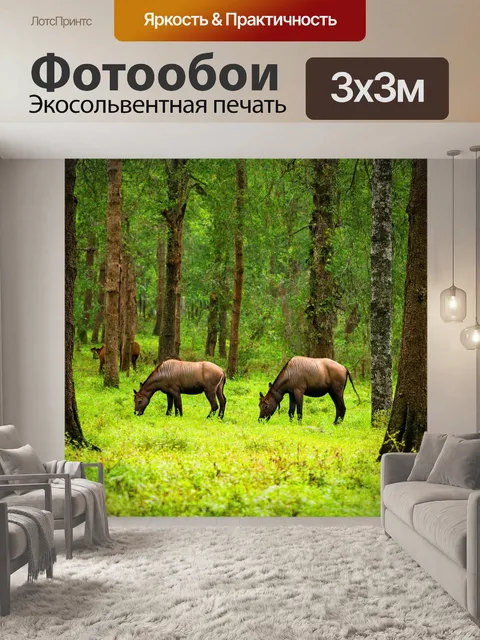 Фотообои лес с дикими животными, мирно пасущимися среди деревьев