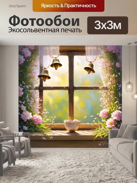 Фотообои пастельные колокольчики и цветы, окружающие старинное окно, создают атмосферу уюта
