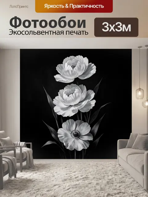 Фотообои Белые цветы на черном фоне