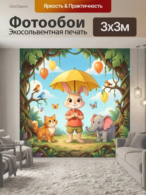 Фотообои Мультяшный заяц с зонтом в лесу