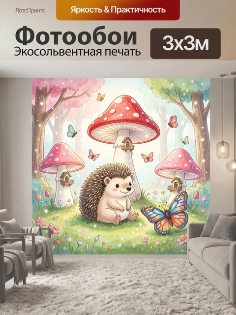 Фотообои Ежик среди сказочных грибов