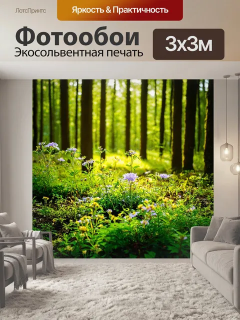 Фотообои лес с редкими цветами, расцветающими на свету