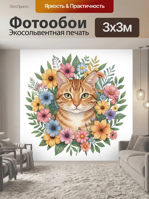 Фотообои Рыжий кот в цветочном венке