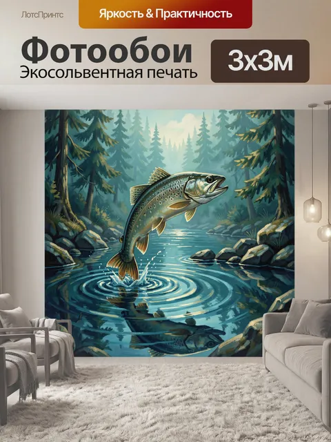 Фотообои Прыжок форели в лесной реке