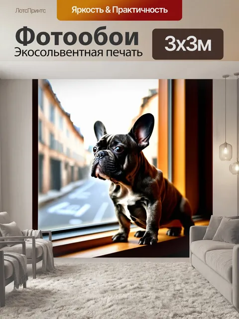 Фотообои изображение французского бульдога, с любопытством смотрящего в окно с ярким видами на улицу