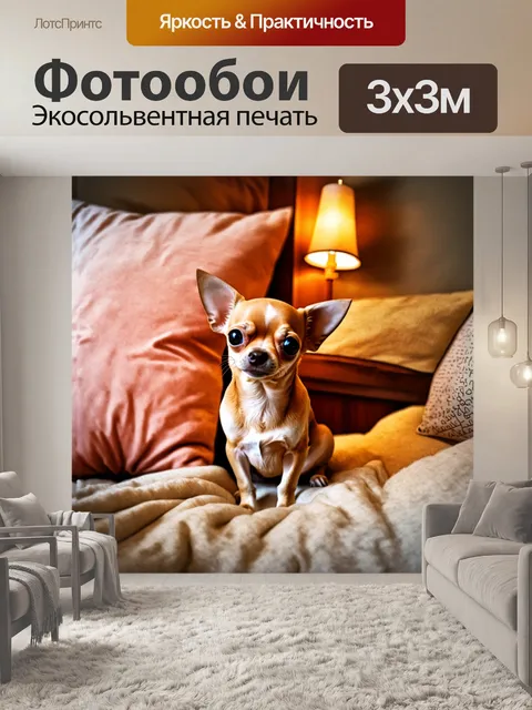 Фотообои изображение чихуахуа в уютной домашней обстановке, окруженного мягкими подушками и теплым светом