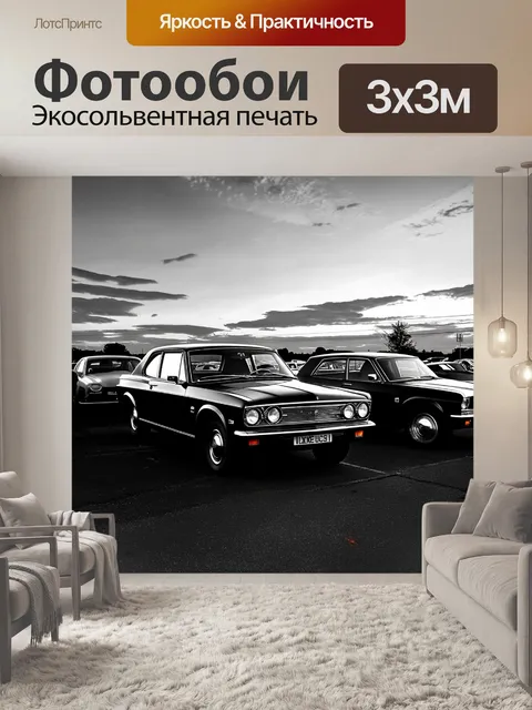 Фотообои черно-белый: стоянка старинных автомобилей на фоне таинственного заката