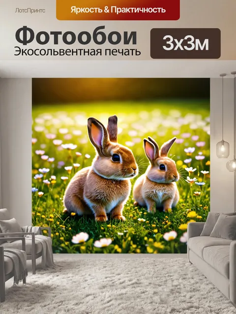 Фотообои животные в стиле тонализм, милые зайцы на лужайке, окруженные цветущими цветами, легкий свет и тени