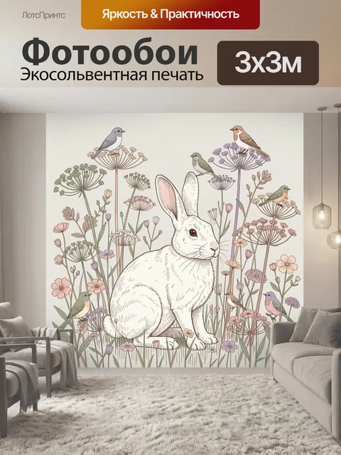 Фотообои Белый кролик среди полевых цветов