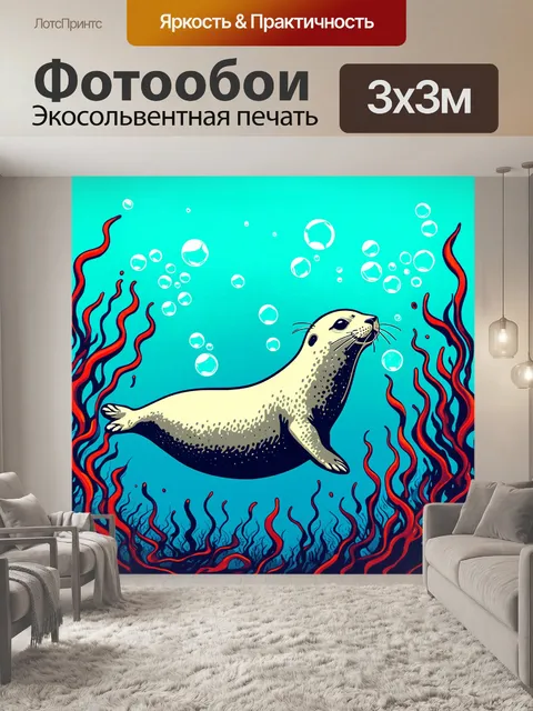 Фотообои тюлень, играющий среди водорослей, вокруг его тела бурлят пузырьки, создавая авангардный вид