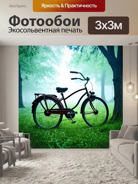 Фотообои туман в стиле раскраска, волшебный велосипед, потерянный в тумане, окружающие деревья и трава