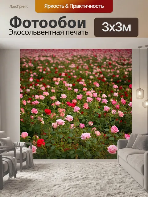Фотообои поле, усеянное розами, среди которых распускаются грациозные лепестки, создавая шедевр природы
