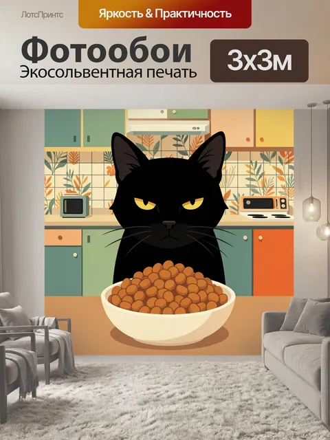 Фотообои Черный кот на кухне с кормом