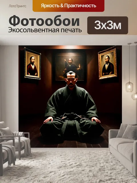 Фотообои самурай, сидящий в темной комнате, окружённый картинами своих предков, выполненный в технике исторической…
