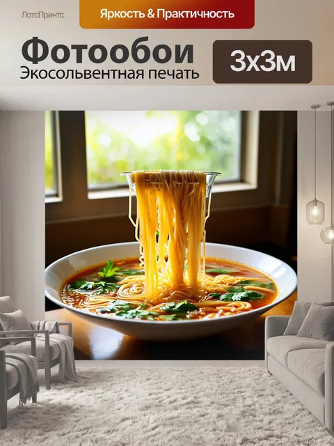 Фотообои готовка азиатского супа с стеклянной лапшой и свежими травами, с утренним светом, проникающим через окно