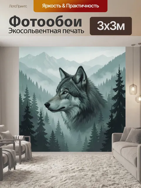 Фотообои Волк в тумане на фоне гор