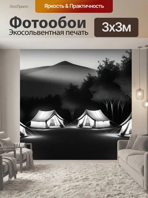 Фотообои пейзаж с палатками чернобелый