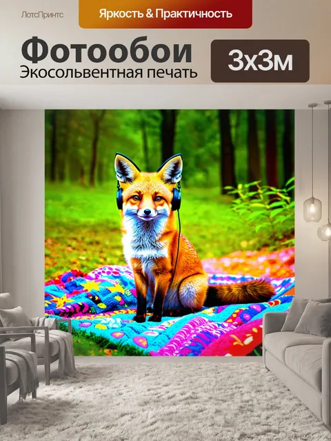 Фотообои ласковая лиса, сидящая на красочном покрывале, уютно устроилась с наушниками и слушает мелодии в природном…