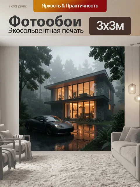 Фотообои Современный дом в туманном лесу