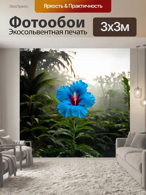 Фотообои гибискус ярко-синего цвета выделяется на фоне низкого тропического леса, окутанного утренним туманом