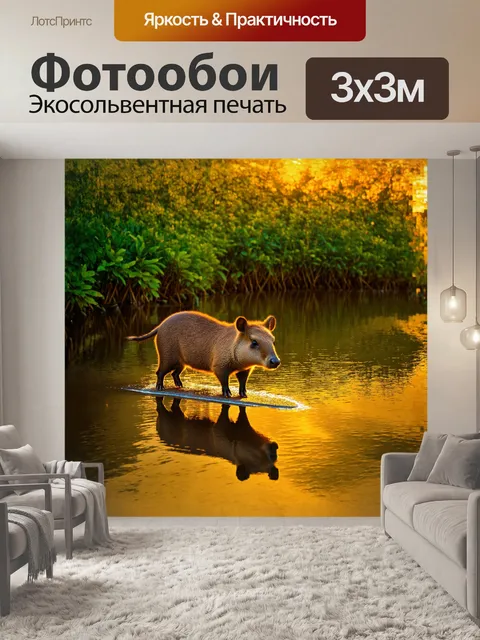 Фотообои капибара медленно передвигается по берегу тихого озера, окружённого густыми тропическими растениями