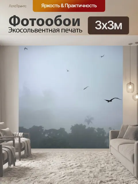 Фотообои туман в стиле маскот с танцующими птицами, парящими в облаках