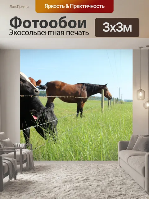 Фотообои Стадо коров и лошадей пастбищ