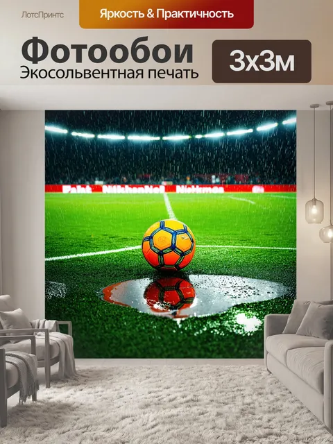 Фотообои футбольное поле с дождем и лужами