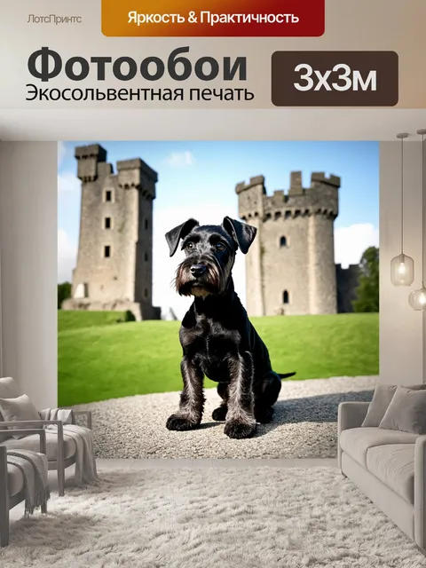 Фотообои черный цвергшнауцер, сидящий на фоне старинного замка, его глаза полны мудрости
