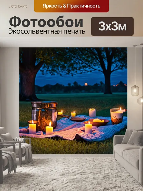 Фотообои ночь в стиле пастельный рисунок, вечерний пикник на лужайке, свечи, уют, мимолетные мысли